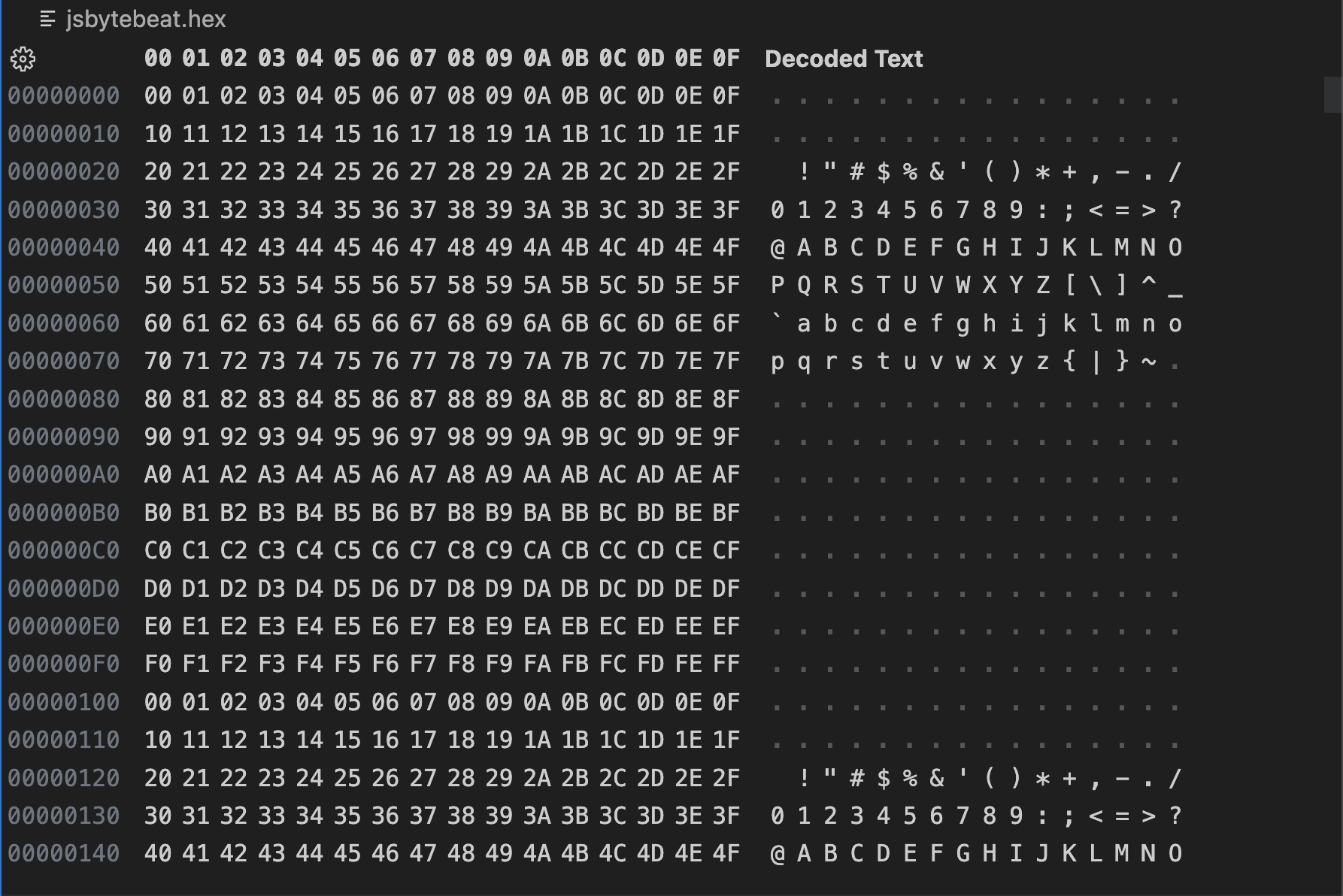 バイナリエディタで0~255までが連続するバイナリデータを表示したVisual Studio Codeのスクリーンショット。